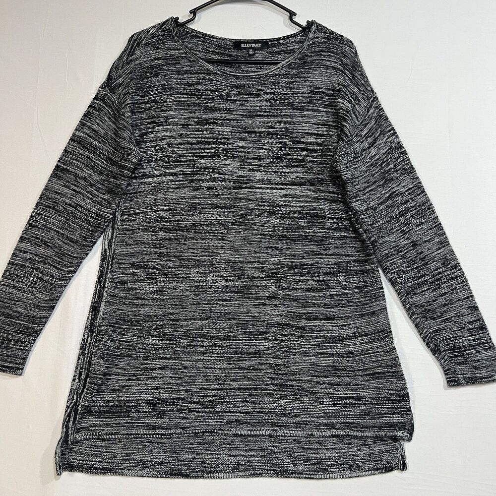 Ellen Tracy Women's Marled Knit Tunic Sweater Black Ivory Grey Size XL Casual